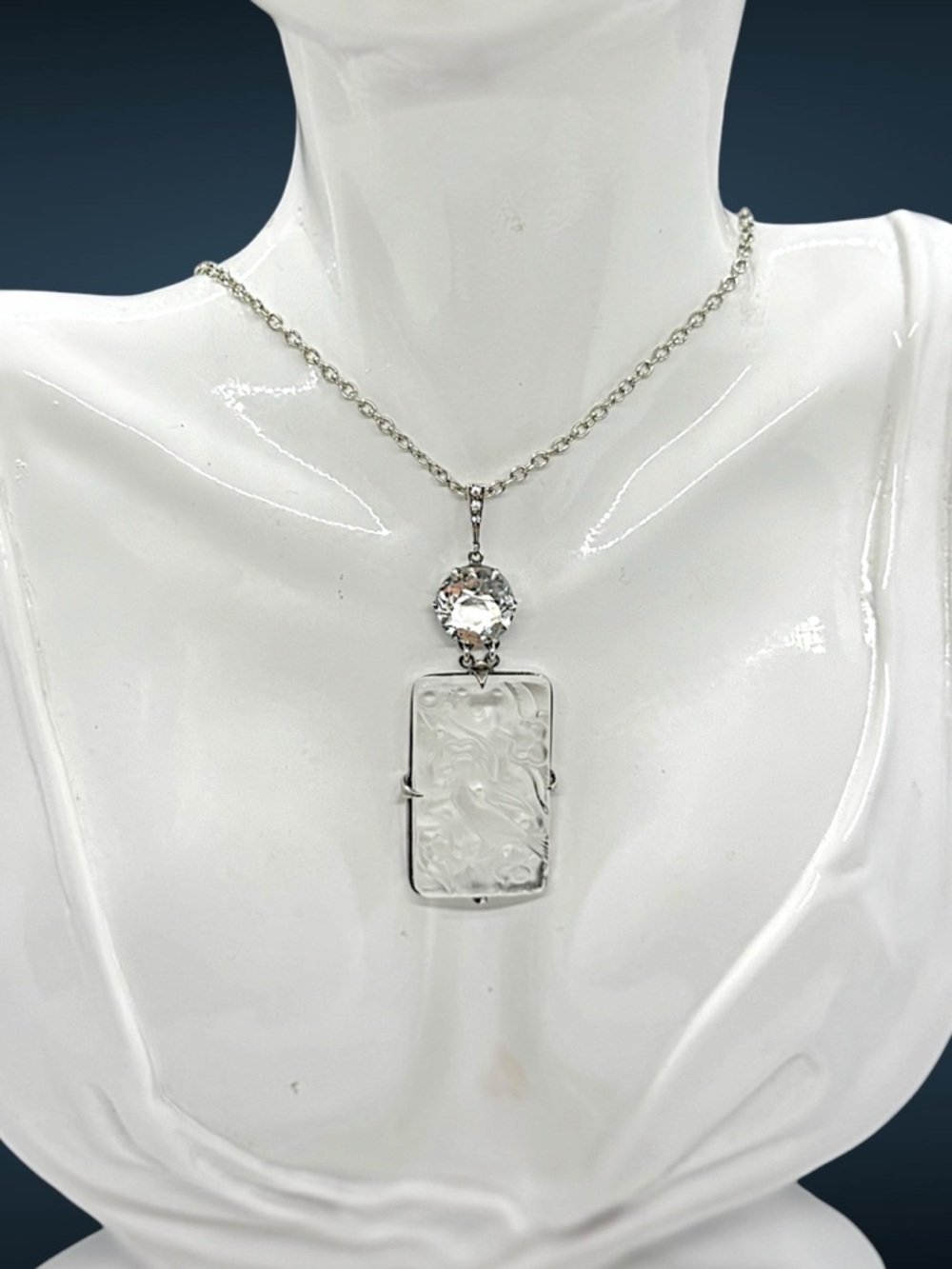Vintage Art Nouveau Sterling Molded Frosted Glass & Paste Stone Pendant